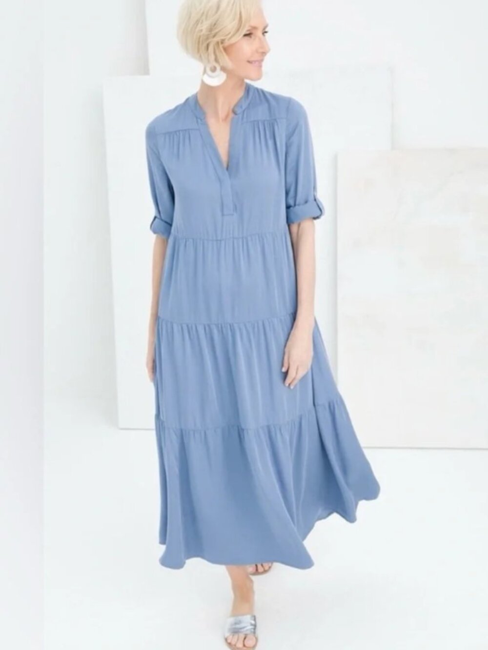 Chico's Blue Tiered Sandwash Maxi Dress Size 1 (8/10)